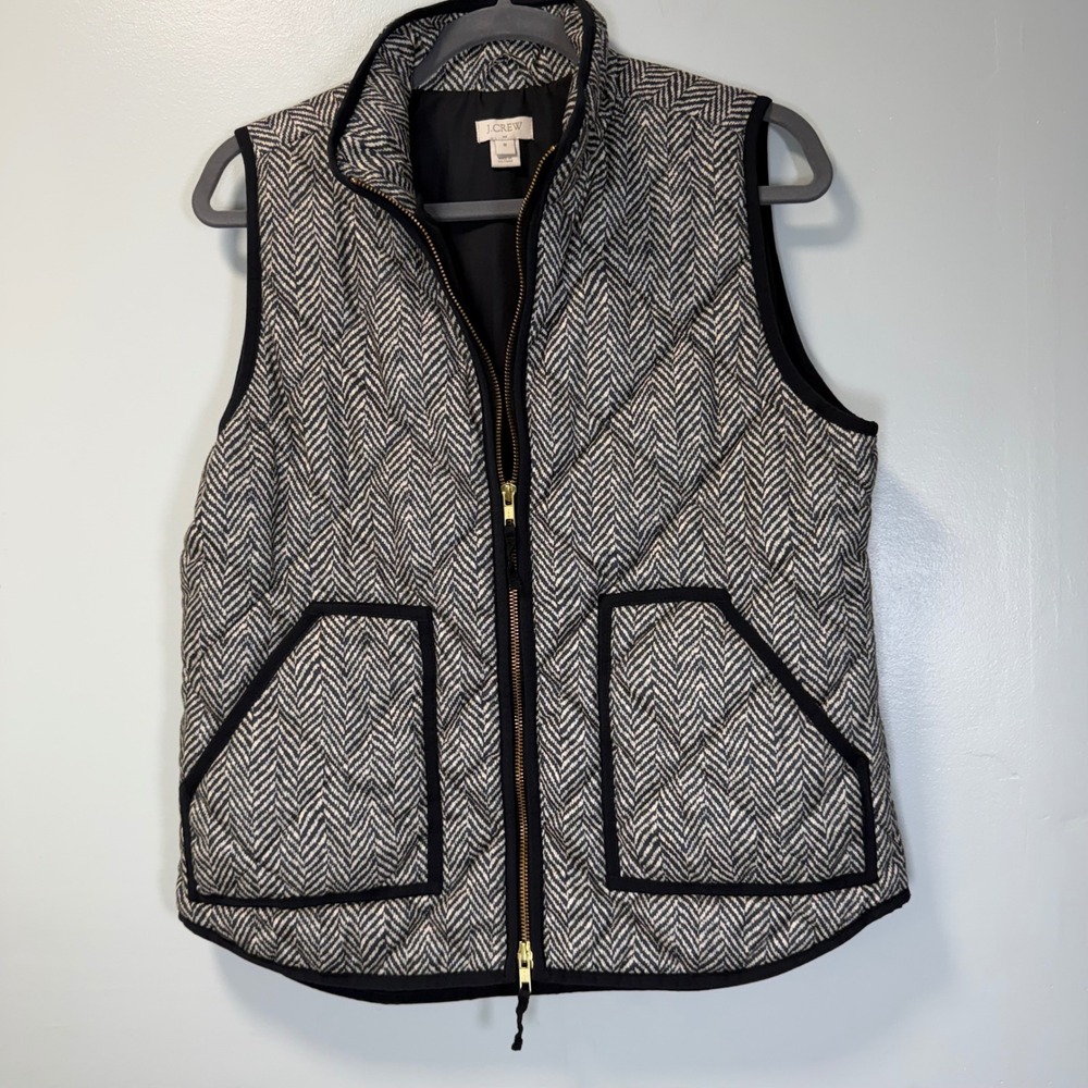 J.Crew Excursion Quilted Vest Black White Herringbone Zip‎ Up Puffer Medium